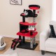 Gothic cat tree in black and red with a top perch, cat bed, condo, and sisal scratching posts for playful kittens.