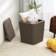 Outdoor resin storage side table with wicker-woven accent, removable lid, perfect for patio or indoor use.