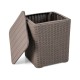 Outdoor resin storage side table with removable lid, wicker-woven accent, ideal for patio and garden organization.