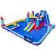 Rocket theme inflatable water slide park featuring slides, splash pool, and multiple play areas for summer fun.