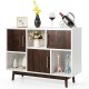 Wood display sideboard storage cabinet with varying shelf sizes, featuring a modern white and brown design for.