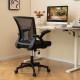 Black ergonomic office chair with adjustable height, flip-up armrests, and rocking backrest for comfortable office use.