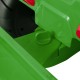 Close-up of the green 12V kids ride-on tractor's trailer attachment, featuring a secure latch for safe use.