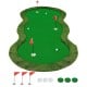 Golf practice putting green mat measuring 5 x 10 feet with 3 holes, flags, and golf balls for indoor or outdoor use.
