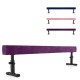 Adjustable 7.5 feet purple gymnastics beam with non-skid suede fabric, ideal for safe practice at various heights.