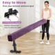 Adjustable 7.5 ft purple gymnastics beam with 2 wheels for easy transport and non-skid suede for safe practice.