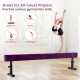 Adjustable 7.5 ft purple gymnastics beam with non-skid suede, ideal for practicing skills like handstands and jumps.