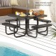 Square black picnic table with four benches, featuring an umbrella hole, suitable for outdoor dining and gatherings.