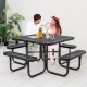 Square black picnic table with benches for 8, featuring an umbrella hole, ideal for outdoor dining and gatherings.