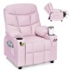 Kids recliner chair in light pink with cup holders and footrest, designed for comfort and stability for children.