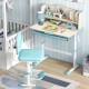 Height adjustable kids study desk in blue with tilt desktop, open shelf, and large drawer for art supplies.