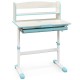 Height adjustable kids study desk in blue with tilt desktop, 2-tier shelf, and large drawer for organization.
