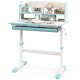 Height adjustable kids study desk in blue with tilt desktop, open shelf, and large drawer for organized study space.