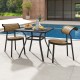 Metal square patio dining table with wood-like textured top, seating 4, ideal for backyard or poolside use.