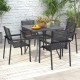 Gray 32-inch metal patio dining table with wood-like textured top and curved legs, perfect for outdoor dining.