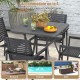 Gray 32-inch metal patio dining table with curved legs, seating up to 4, perfect for backyard or poolside dining.