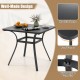 32-inch gray patio dining table with wood-like texture, curved legs, and rounded corners for outdoor dining.