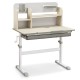Height adjustable kids study desk in gray with tilt desktop, hutch, and large drawer for organized study space.