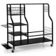 Golf bag organizer in black with double bag stand, three shelves, and lockable wheels for easy mobility indoors and.