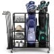 Golf bag organizer in black for 2 bags, featuring shelves, hooks, and a side rack for clubs, ideal for indoor and.