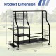 Golf bag organizer with dimensions, featuring shelves, hooks, and lockable wheels for easy storage and access.