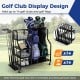 Golf bag organizer with double bag stand, shelves, and removable hooks, designed for 2 bags and 14 golf clubs.