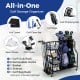 Golf bag organizer in black with rack for 2 bags, 6 hooks, and 3 shelves, ideal for indoor and outdoor use.
