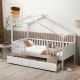 Twin house bed in white with roof and fence rails, featuring two storage drawers for organized bedroom space.