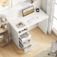 Home office desk in white with three storage drawers and an open shelf, providing stylish organization for office.
