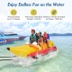 Three-person inflatable banana boat in bright red and yellow, featuring comfortable EVA seats and durable PVC.