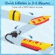 3-person inflatable banana boat in bright red and yellow with electric air pump for quick inflation and easy storage.