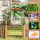 Garden arch wooden arbor made of fir wood, designed for climbing plants and adorned with flowers and lights.