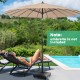 Fillable umbrella base stand with lockable wheels, designed for stability and easy movement, perfect for patio use.