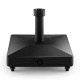 Fillable umbrella base stand with lockable wheels, designed for stability and easy movement, suitable for patio use.