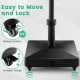 Fillable umbrella base stand with lockable wheels, featuring a sturdy design for easy movement and stability.