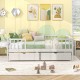Twin daybed with fence and two drawers in white, designed for kids' safety and modern style in a playful room setting.
