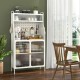 5-tier white metal baker's rack with see-through flip-up doors and pegboard for organized kitchen storage.