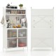 5-tier white metal baker's rack with see-through doors, pegboard, and adjustable shelves for organized kitchen storage.