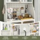 5-tier white metal baker's rack with pegboard, removable hanging box, and spacious countertop for kitchen organization.