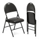 Black padded folding chair with metal frame, ergonomic backrest, and carry handle, ideal for events and easy storage.