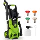 Electric pressure washer in green with 4 quick connect nozzles and foam cannon for efficient cleaning tasks.
