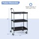 3-layer tool cart with black PP shelves, sponged handle, and swivel wheels, ideal for garage or kitchen storage.