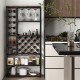 Industrial floor wine rack featuring 3 rows for stemware and 27-bottle capacity, ideal for kitchen or home bar.
