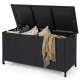 Black 85-gallon storage container with waterproof liner, ideal for cushions and blankets, featuring universal wheels.