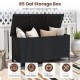 85-gallon black storage box with waterproof liner, ideal for cushions and tools, featuring universal wheels for easy.