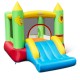 Brightly colored inflatable bounce house with slide and mesh walls, designed for secure and fun outdoor play for kids.