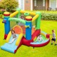 Colorful inflatable bounce house with slide, ball pit, and basketball hoop for kids' outdoor fun and active play.