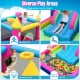 Inflatable bounce house featuring a jumping zone, slide, ball pit, and basketball hoop for kids' active play.