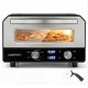 Indoor electric pizza oven with tempered glass window, cooking 12-inch pizzas, featuring 6 presets and intuitive.