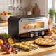 Indoor electric pizza oven in black, featuring a glass window and dual knobs, perfect for 12-inch pizzas on countertops.